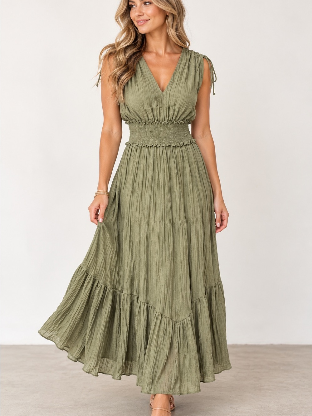 Taylor Olive Maxi Dress with Smocked Waist and Ruched Tie Straps